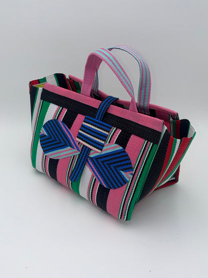 Candy Large handwoven tote bag by SCRUBIES in Pink,Blue,Green,White with Stripes design and Bow accent pattern