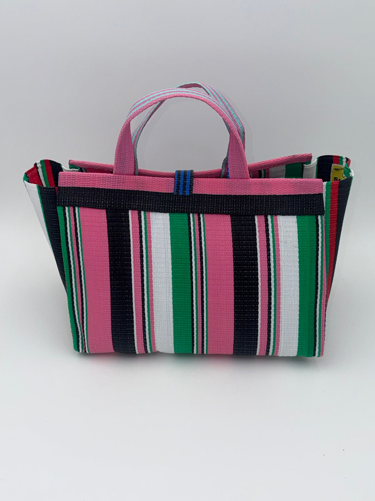 Candy Large handwoven tote bag by SCRUBIES in Pink,Blue,Green,White with Stripes design and Bow accent pattern