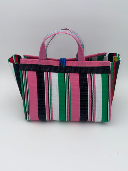 Candy Large handwoven tote bag by SCRUBIES in Pink,Blue,Green,White with Stripes design and Bow accent pattern