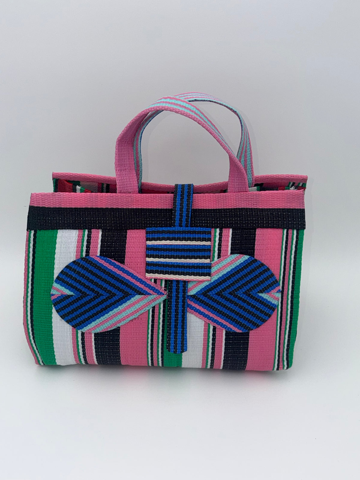 Candy Large handwoven tote bag by SCRUBIES in Pink,Blue,Green,White with Stripes design and Bow accent pattern