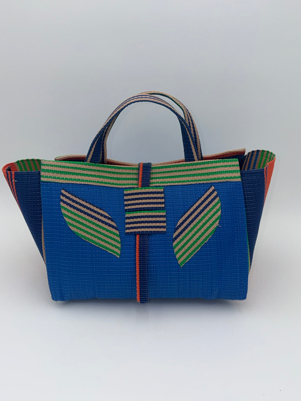 Lagoon Large handwoven tote bag by SCRUBIES in Blue,Green,Orange with Solid design and Leaf accent pattern