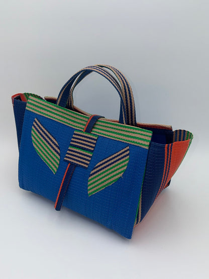 Lagoon Large handwoven tote bag by SCRUBIES in Blue,Green,Orange with Solid design and Leaf accent pattern