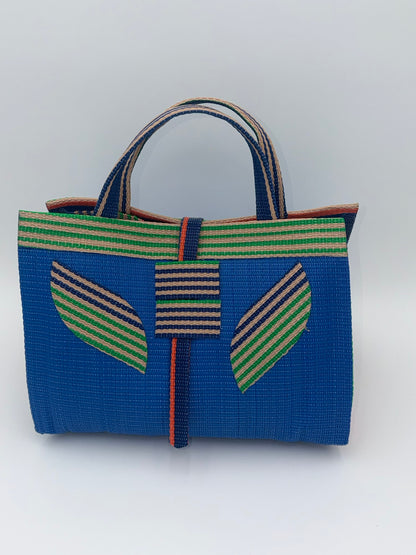 Lagoon Large handwoven tote bag by SCRUBIES in Blue,Green,Orange with Solid design and Leaf accent pattern