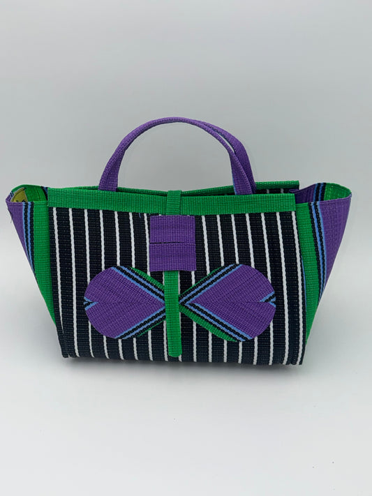Panda Large handwoven tote bag by SCRUBIES in Black,White,Green,Purple with Stripes design and Bow accent pattern