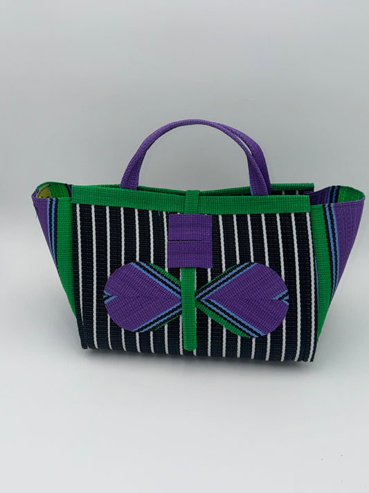 Panda Large handwoven tote bag by SCRUBIES in Black,White,Green,Purple with Stripes design and Bow accent pattern
