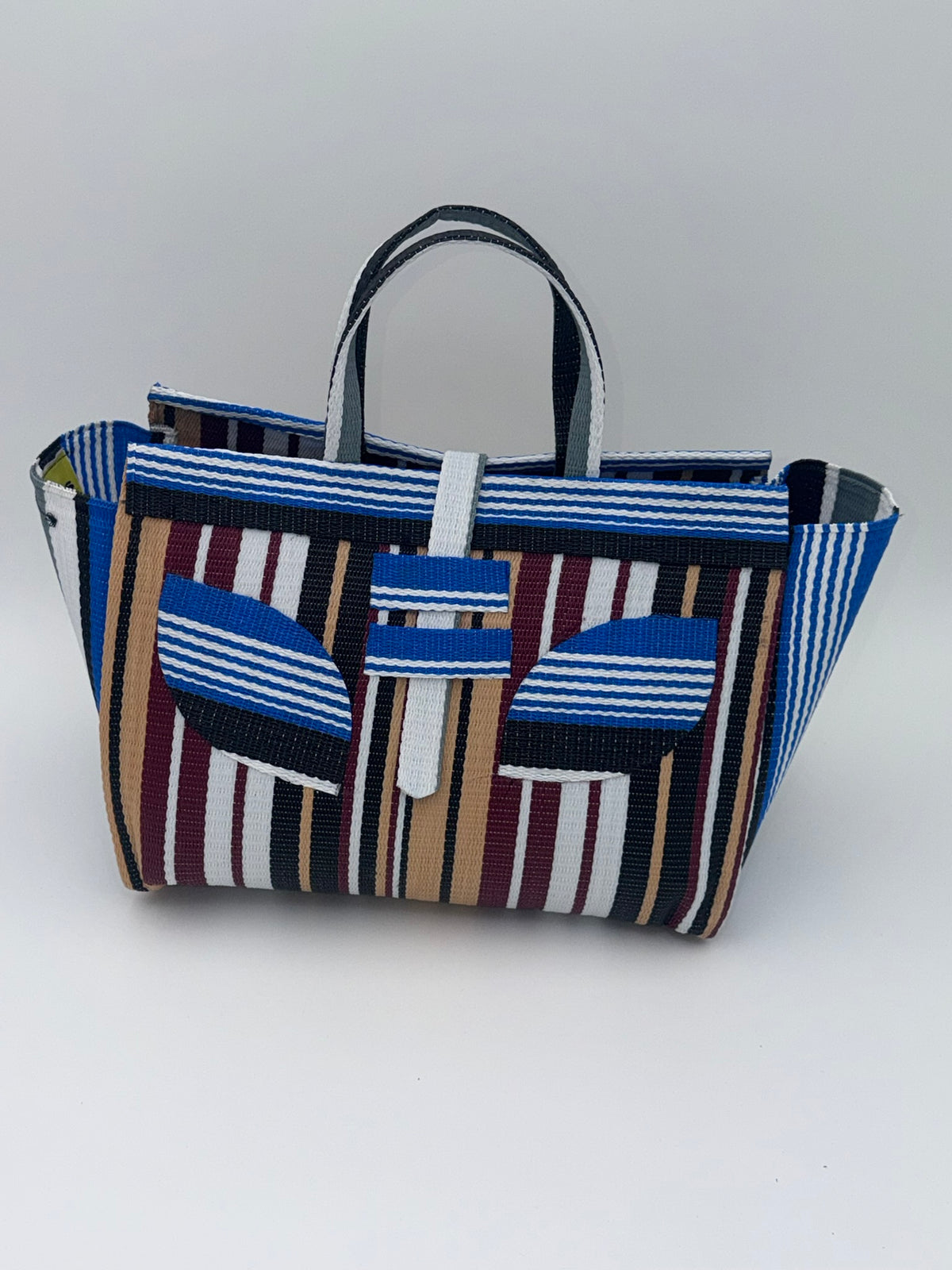 Woodland Large handwoven tote bag by SCRUBIES in Beige,White,Blue,Wine,Black with Stripes design and Leaf accent pattern