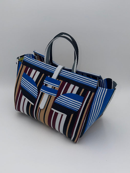 Woodland Large handwoven tote bag by SCRUBIES in Beige,White,Blue,Wine,Black with Stripes design and Leaf accent pattern