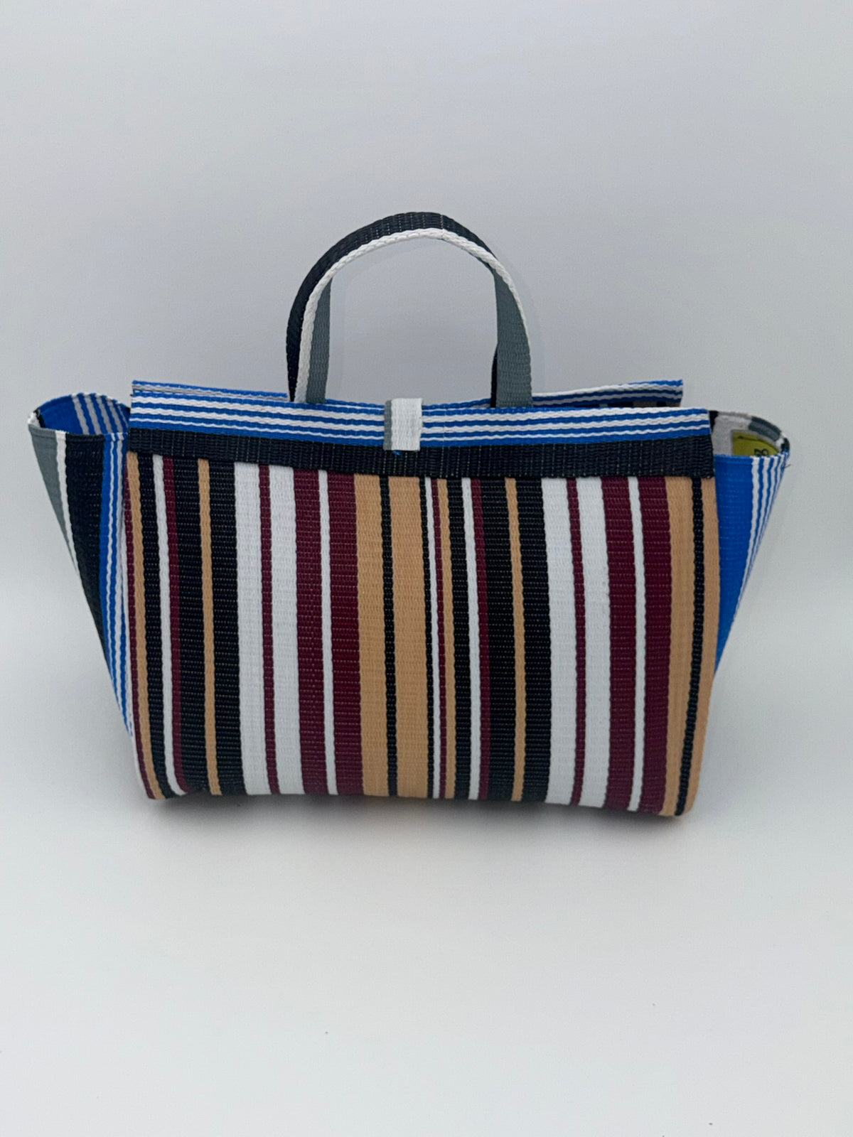 Woodland Large handwoven tote bag by SCRUBIES in Beige,White,Blue,Wine,Black with Stripes design and Leaf accent pattern