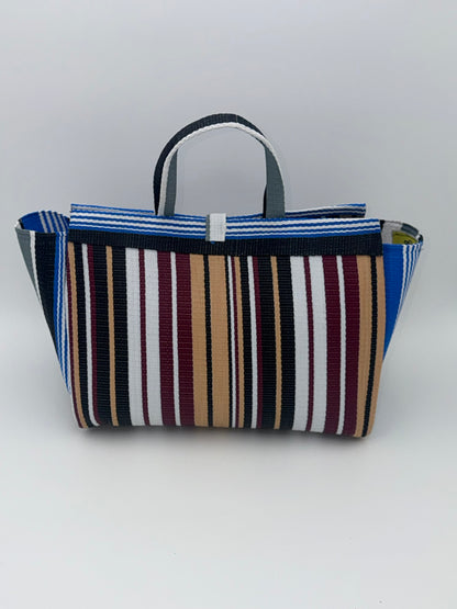 Woodland Large handwoven tote bag by SCRUBIES in Beige,White,Blue,Wine,Black with Stripes design and Leaf accent pattern
