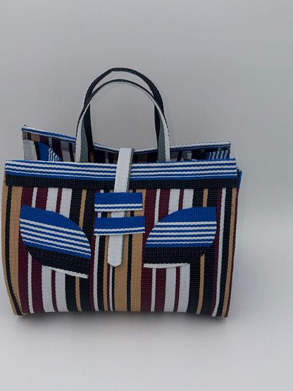 Woodland Large handwoven tote bag by SCRUBIES in Beige,White,Blue,Wine,Black with Stripes design and Leaf accent pattern