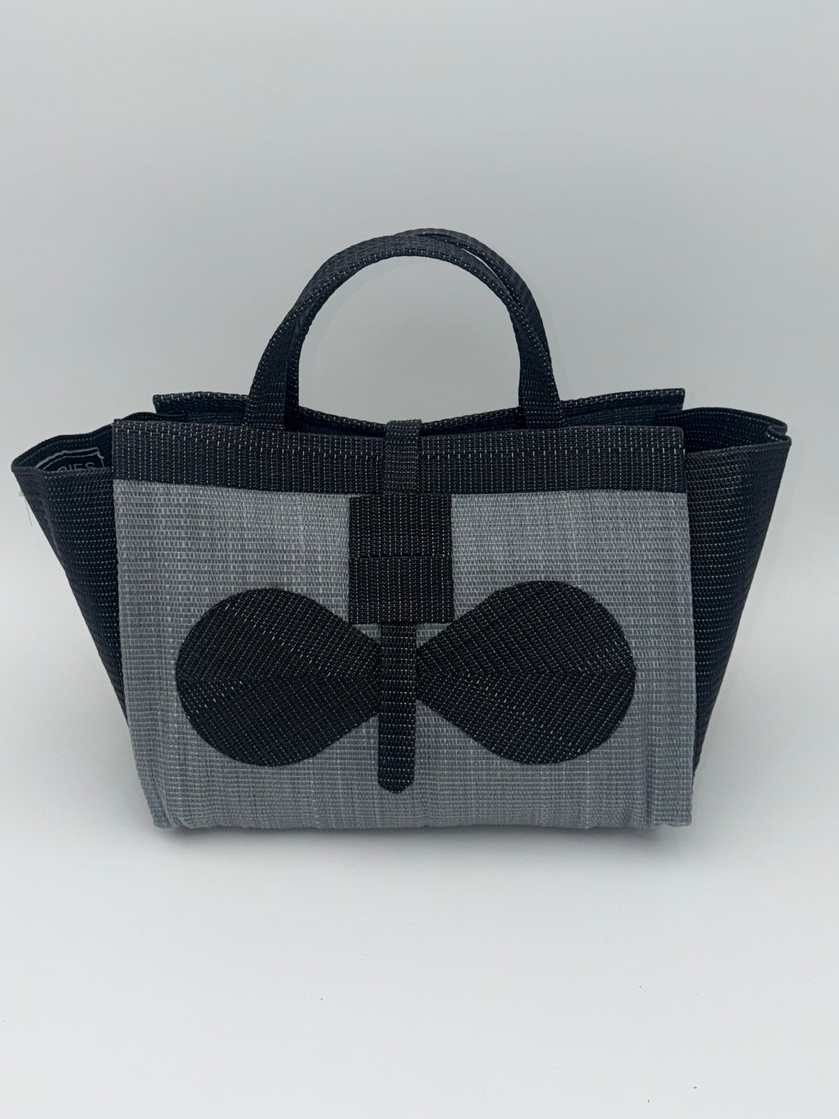 Silver Large handwoven tote bag by SCRUBIES in Grey,Black with Solid design and Bow accent pattern