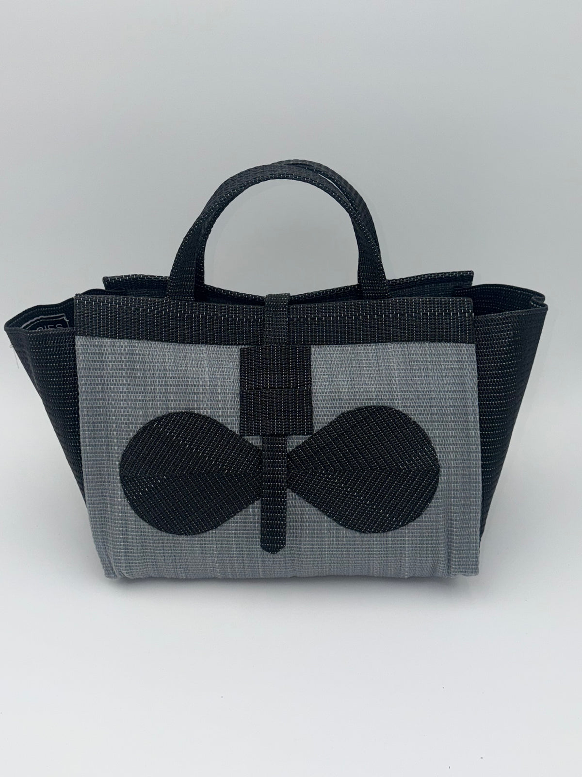 Silver Large handwoven tote bag by SCRUBIES in Grey,Black with Solid design and Bow accent pattern