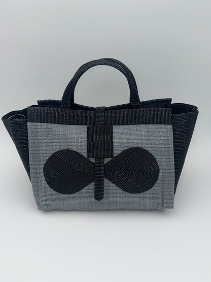 Silver Large handwoven tote bag by SCRUBIES in Grey,Black with Solid design and Bow accent pattern