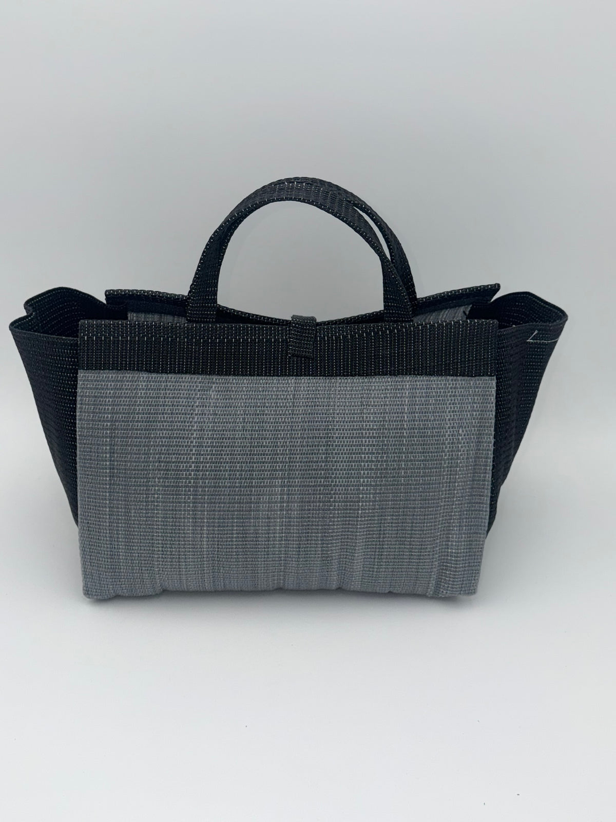 Silver Large handwoven tote bag by SCRUBIES in Grey,Black with Solid design and Bow accent pattern