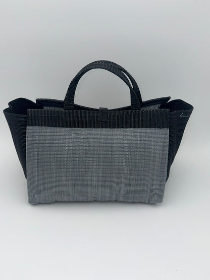 Silver Large handwoven tote bag by SCRUBIES in Grey,Black with Solid design and Bow accent pattern