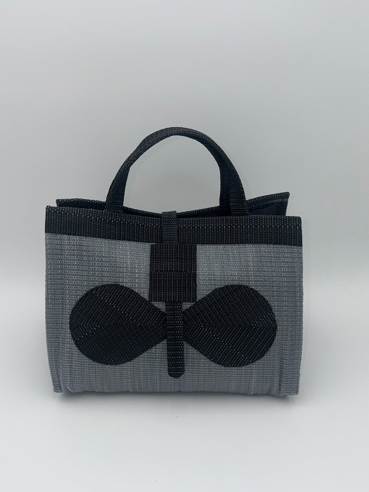 Silver Large handwoven tote bag by SCRUBIES in Grey,Black with Solid design and Bow accent pattern