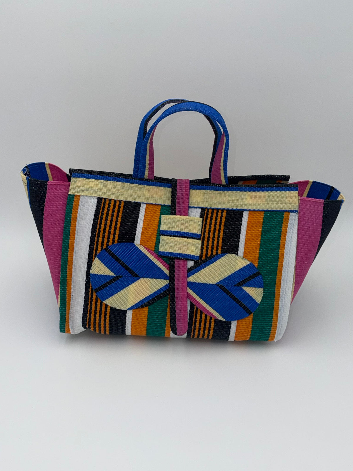 Citrus Large handwoven tote bag by SCRUBIES in Orange,Cream,Blue,Pink,White with Stripes design and Bow accent pattern