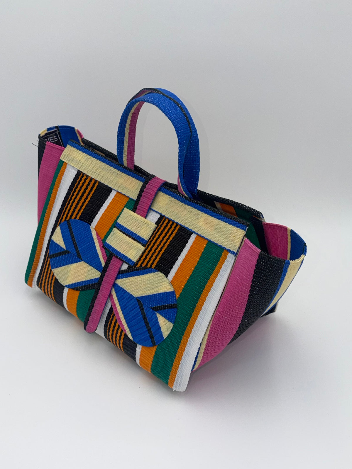 Citrus Large handwoven tote bag by SCRUBIES in Orange,Cream,Blue,Pink,White with Stripes design and Bow accent pattern