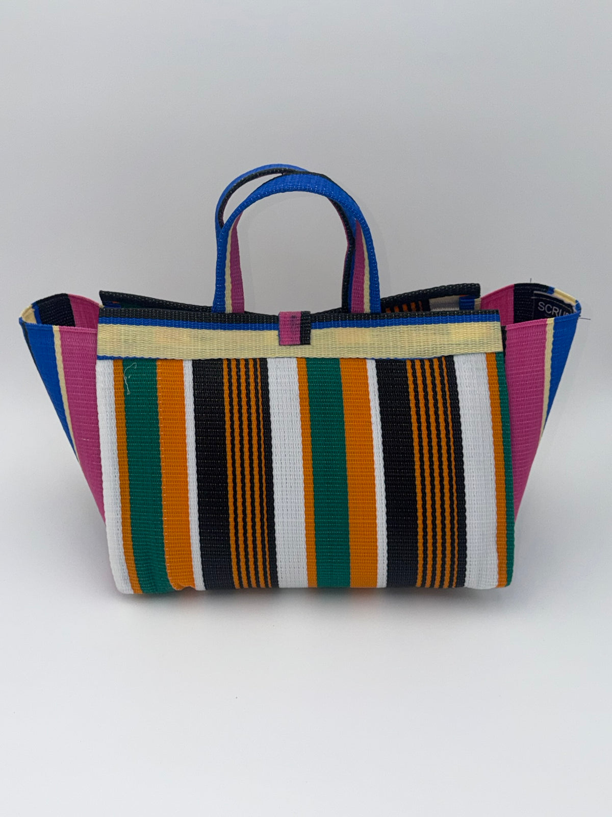 Citrus Large handwoven tote bag by SCRUBIES in Orange,Cream,Blue,Pink,White with Stripes design and Bow accent pattern