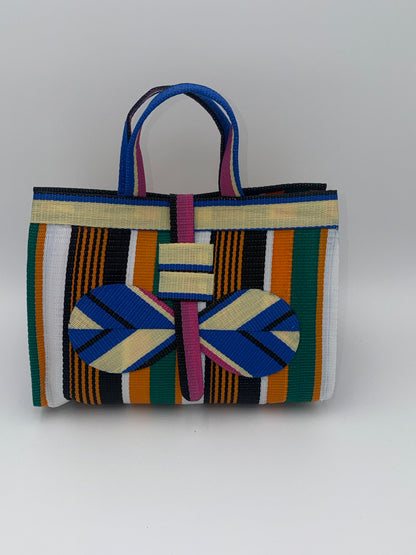 Citrus Large handwoven tote bag by SCRUBIES in Orange,Cream,Blue,Pink,White with Stripes design and Bow accent pattern