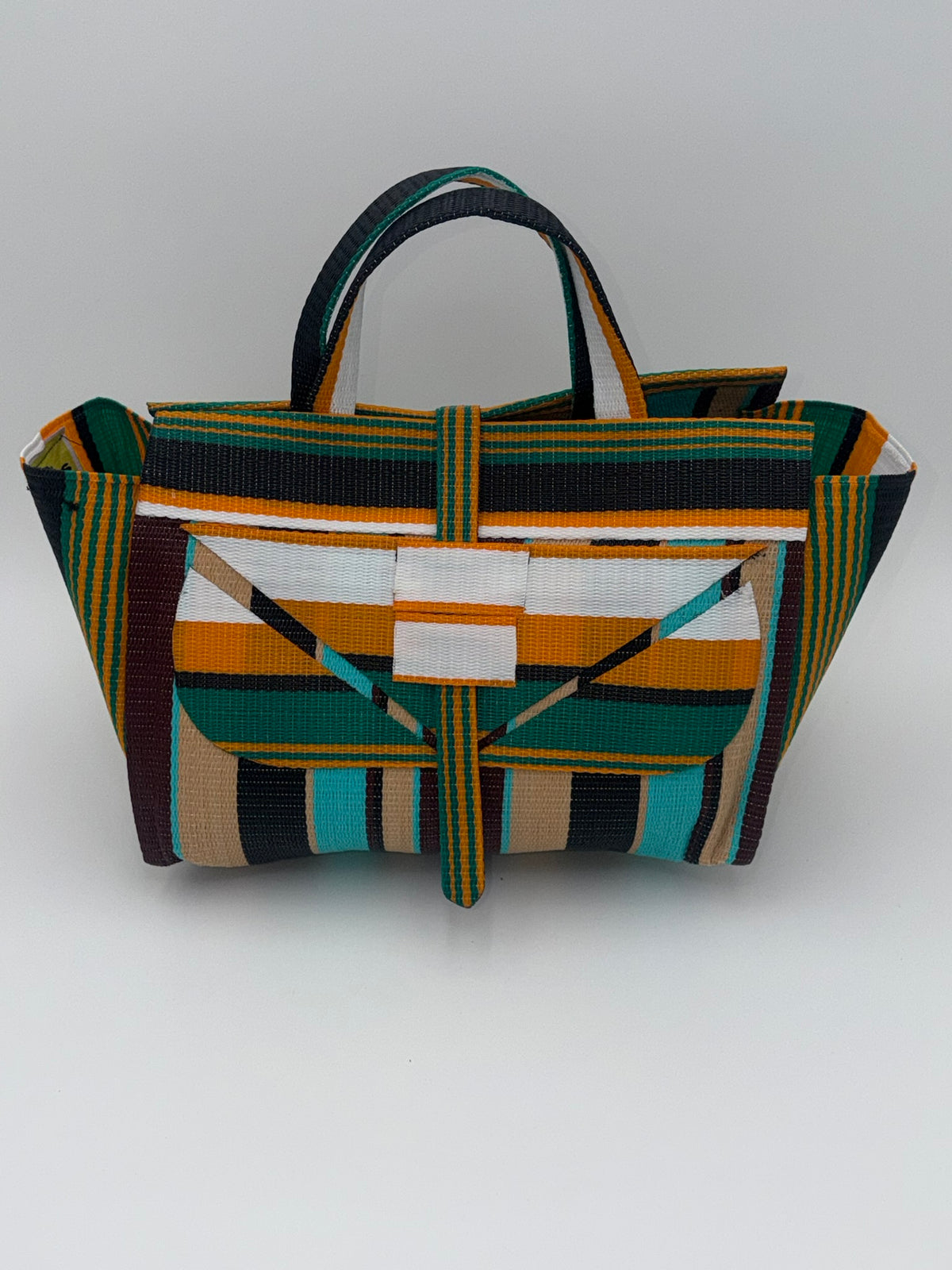 Boho Large handwoven tote bag by SCRUBIES in Orange,White,Breen,Teal,Beige,Black with Stripes design and Abstract accent pattern