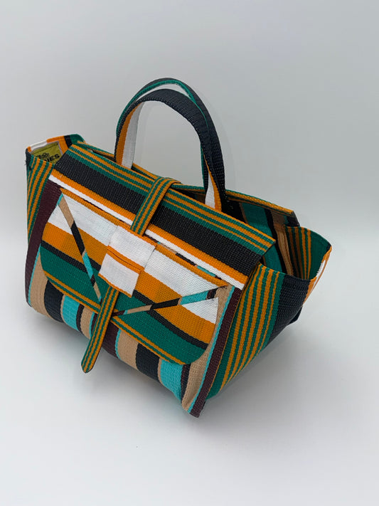 Boho Large handwoven tote bag by SCRUBIES in Orange,White,Breen,Teal,Beige,Black with Stripes design and Abstract accent pattern