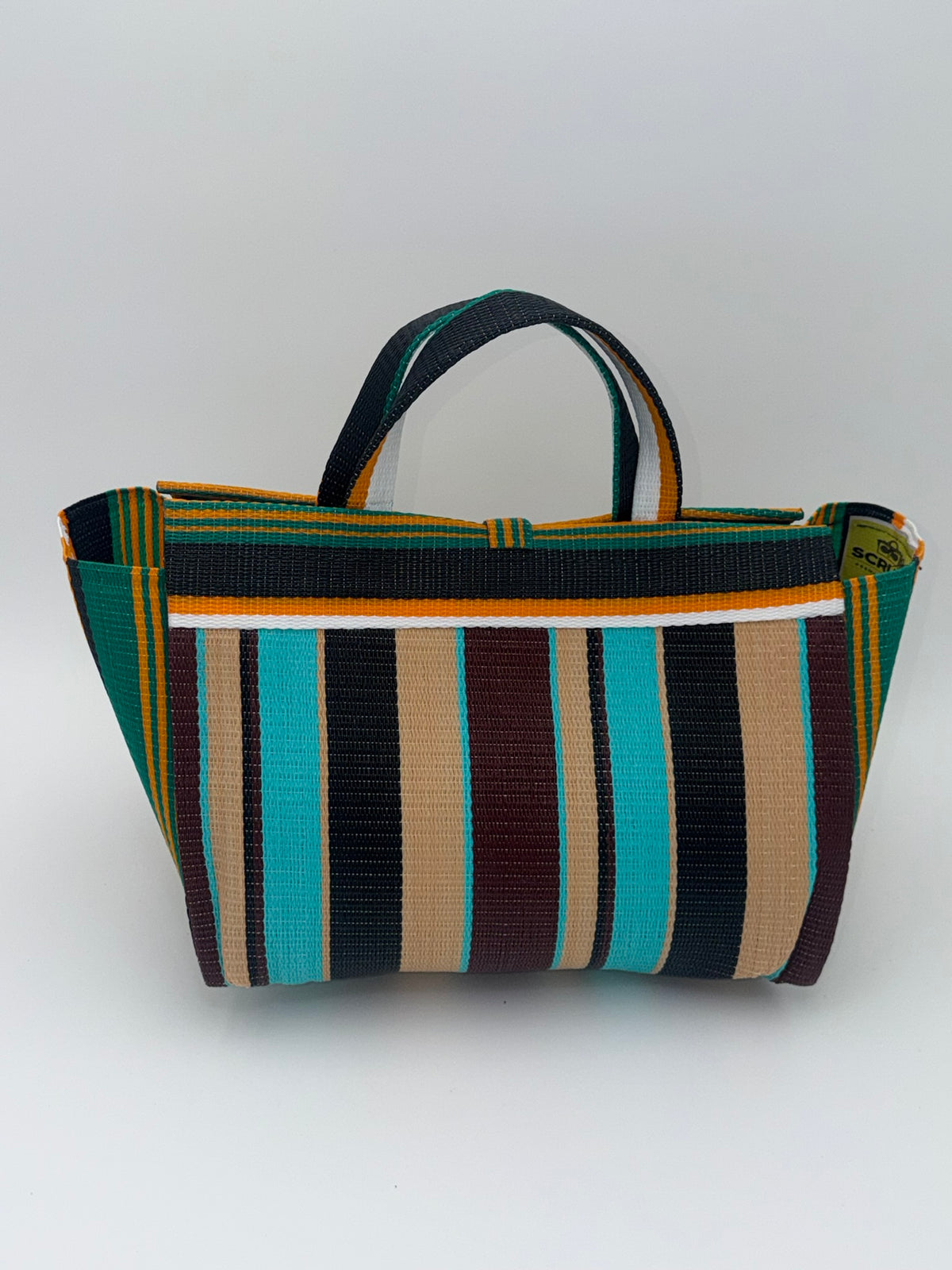 Boho Large handwoven tote bag by SCRUBIES in Orange,White,Breen,Teal,Beige,Black with Stripes design and Abstract accent pattern