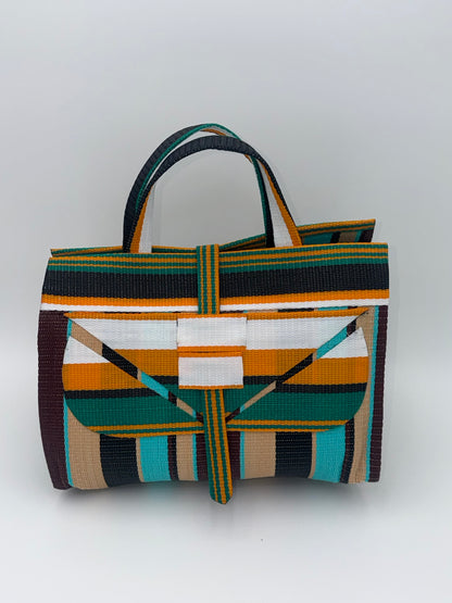 Boho Large handwoven tote bag by SCRUBIES in Orange,White,Breen,Teal,Beige,Black with Stripes design and Abstract accent pattern