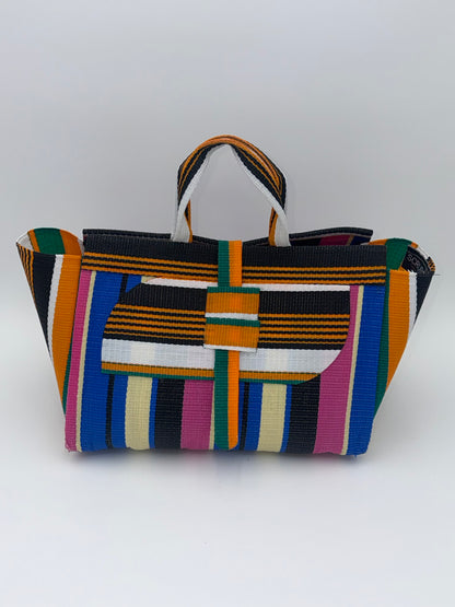 Candy Large handwoven tote bag by SCRUBIES in Pink,Blue,Vream,Orange,Black,White with Stripes design and Almond accent pattern