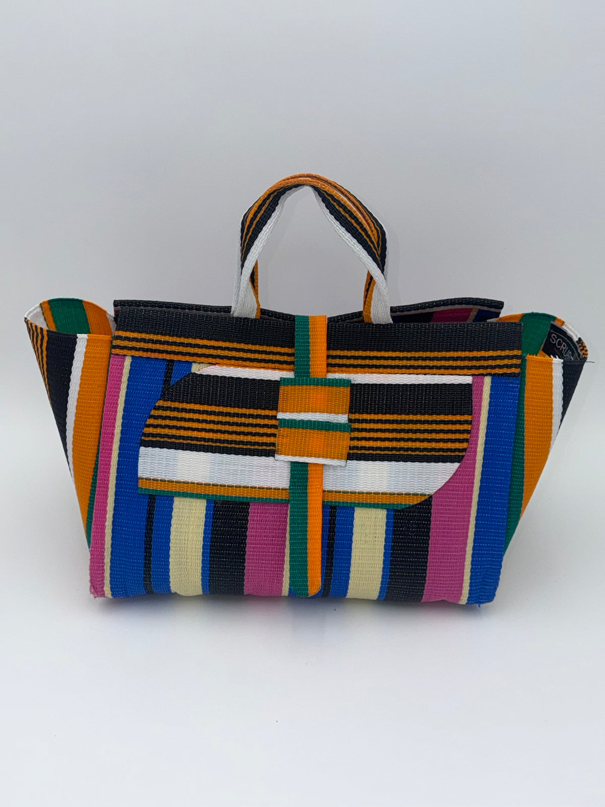 Candy Large handwoven tote bag by SCRUBIES in Pink,Blue,Vream,Orange,Black,White with Stripes design and Almond accent pattern