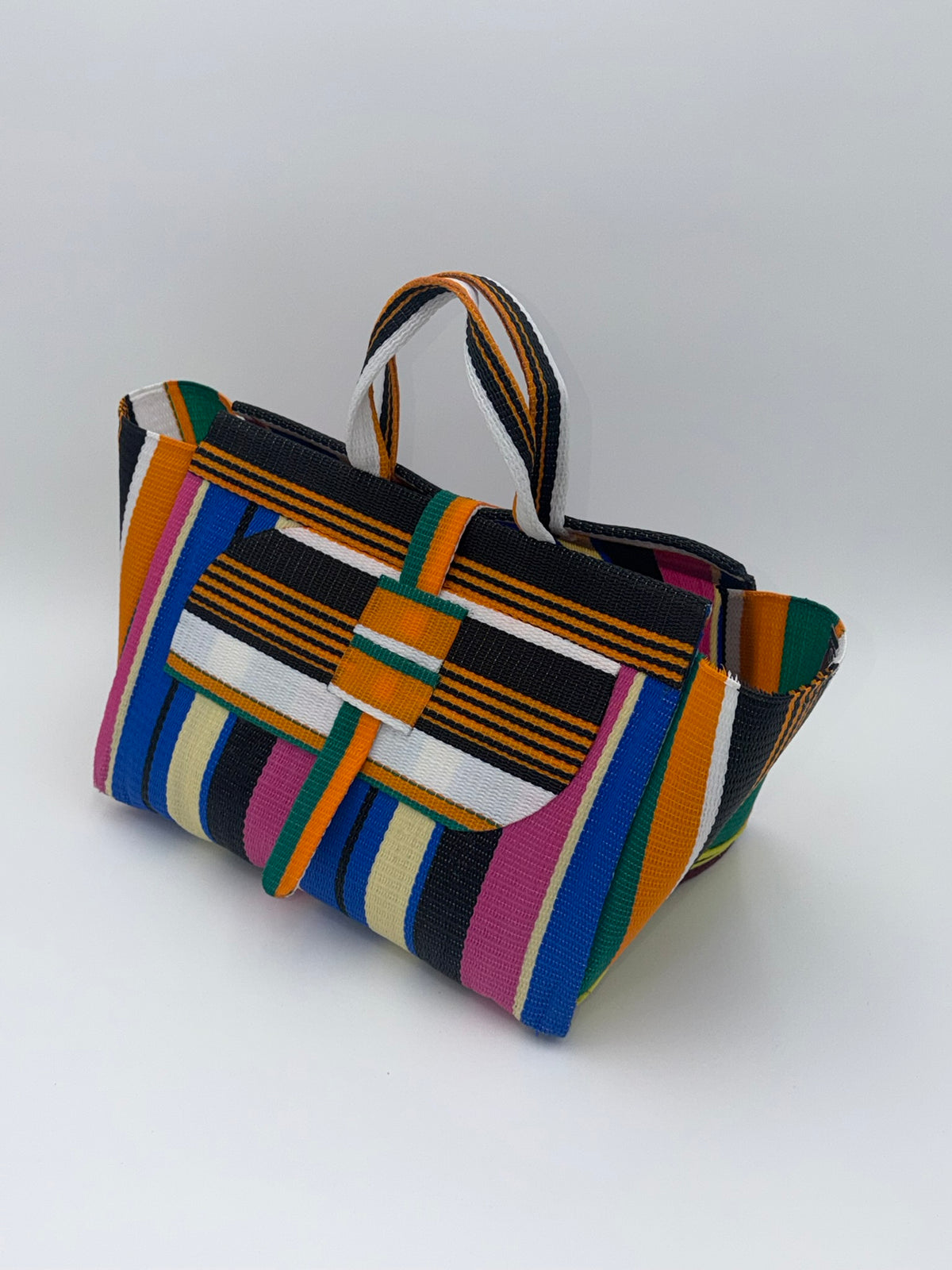 Candy Large handwoven tote bag by SCRUBIES in Pink,Blue,Vream,Orange,Black,White with Stripes design and Almond accent pattern