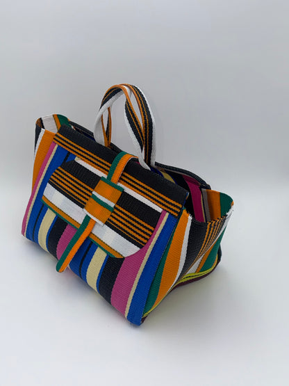 Candy Large handwoven tote bag by SCRUBIES in Pink,Blue,Vream,Orange,Black,White with Stripes design and Almond accent pattern