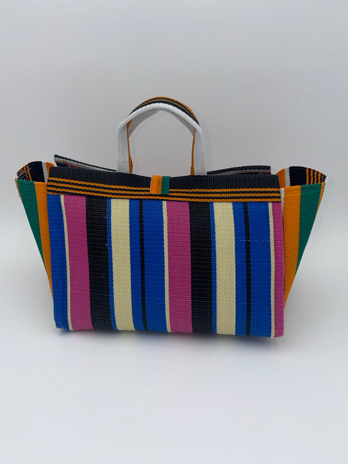Candy Large handwoven tote bag by SCRUBIES in Pink,Blue,Vream,Orange,Black,White with Stripes design and Almond accent pattern