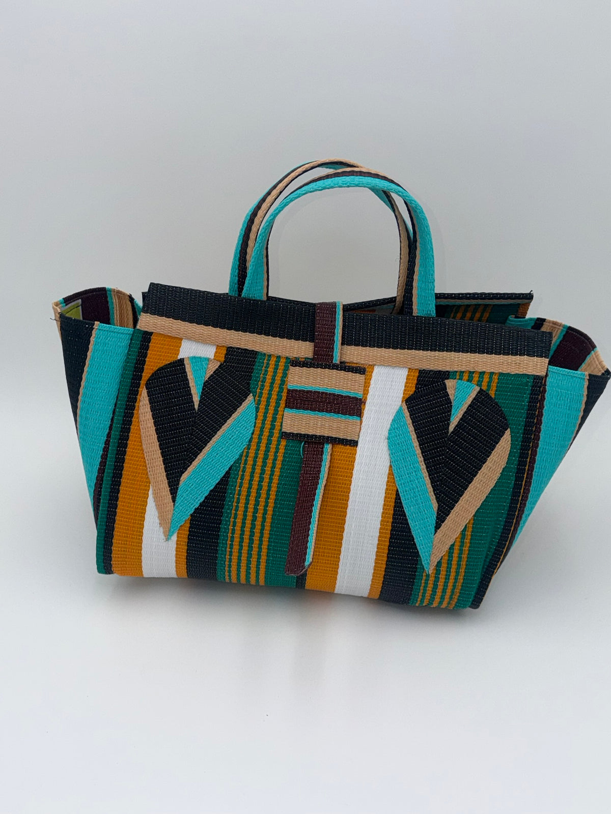 Citrus Large handwoven tote bag by SCRUBIES in Orange,White,Black,Beige,Teal, with Stripes design and Petal accent pattern