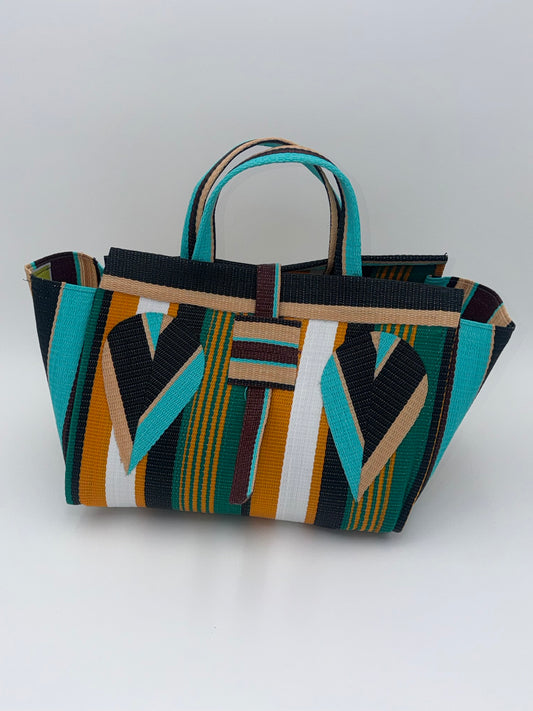 Citrus Large handwoven tote bag by SCRUBIES in Orange,White,Black,Beige,Teal, with Stripes design and Petal accent pattern