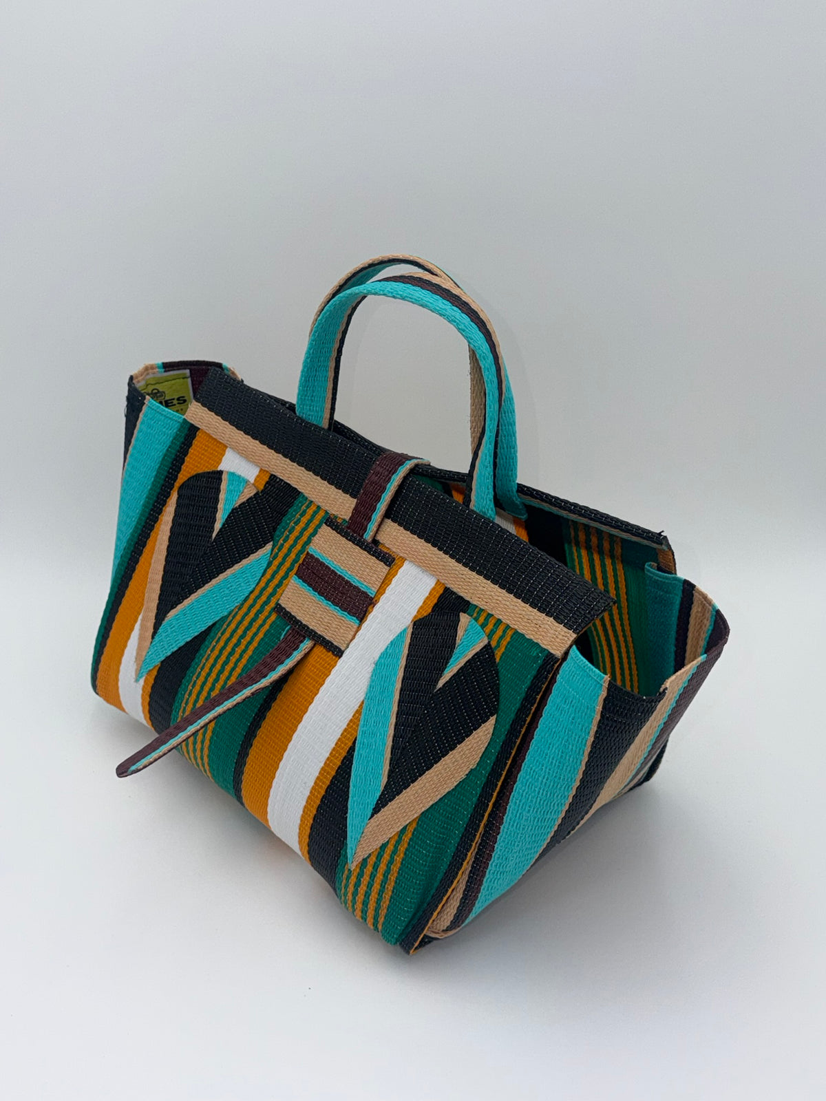 Citrus Large handwoven tote bag by SCRUBIES in Orange,White,Black,Beige,Teal, with Stripes design and Petal accent pattern
