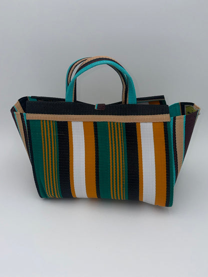 Citrus Large handwoven tote bag by SCRUBIES in Orange,White,Black,Beige,Teal, with Stripes design and Petal accent pattern