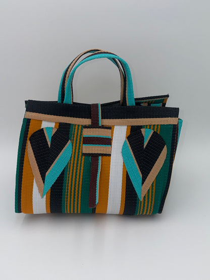 Citrus Large handwoven tote bag by SCRUBIES in Orange,White,Black,Beige,Teal, with Stripes design and Petal accent pattern