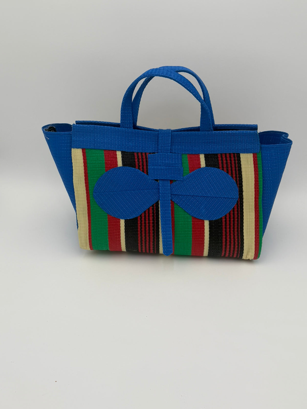 Africana Large handwoven tote bag by SCRUBIES in Blue,Beige,Green,Red,Black with Stripes design and Bow accent pattern