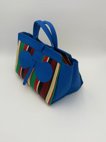Africana Large handwoven tote bag by SCRUBIES in Blue,Beige,Green,Red,Black with Stripes design and Bow accent pattern