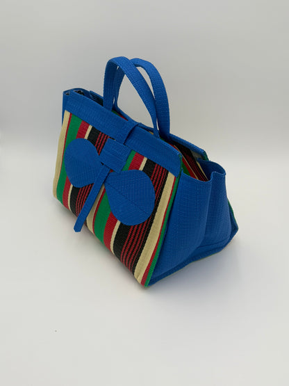 Africana Large handwoven tote bag by SCRUBIES in Blue,Beige,Green,Red,Black with Stripes design and Bow accent pattern