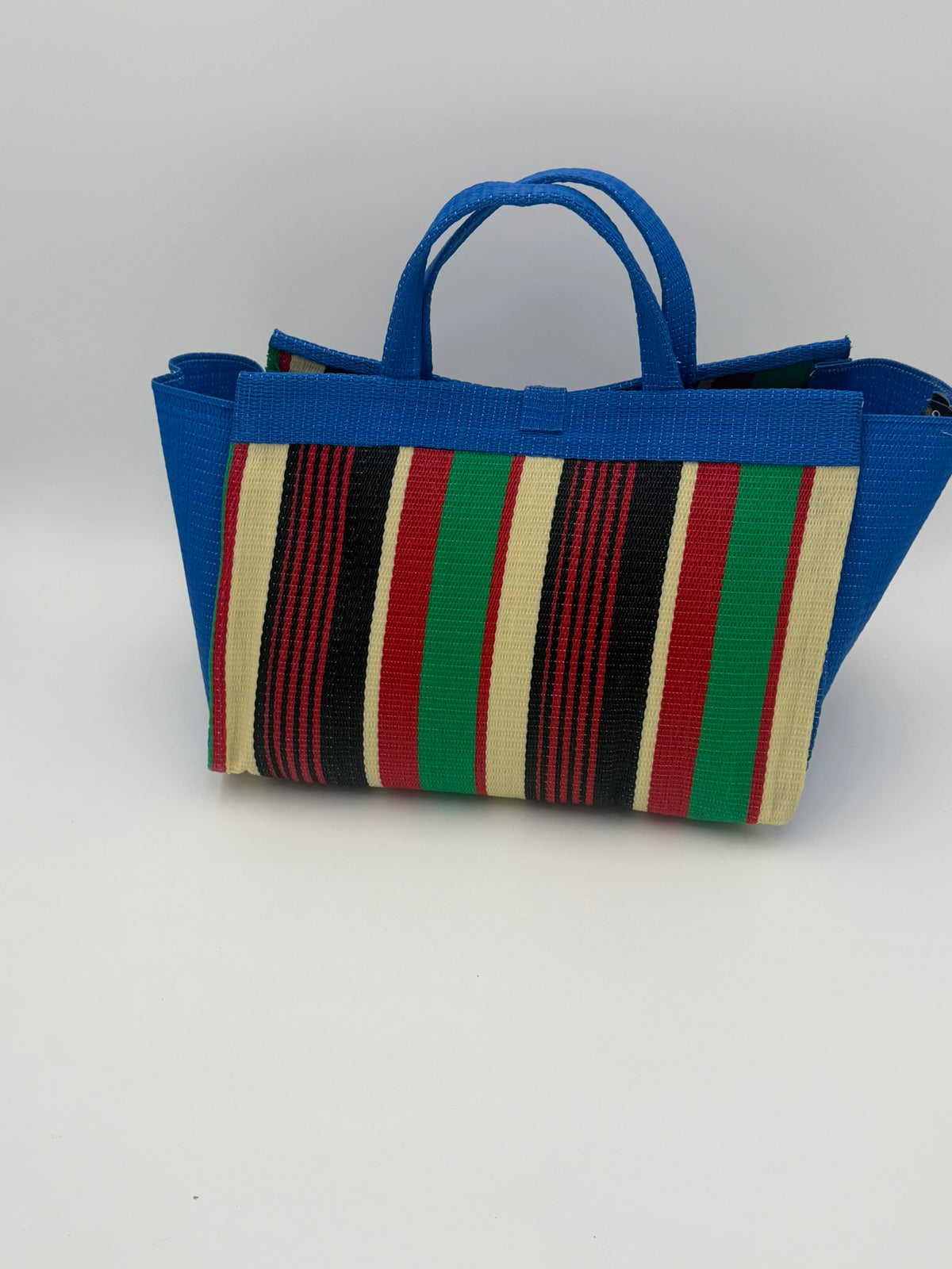 Africana Large handwoven tote bag by SCRUBIES in Blue,Beige,Green,Red,Black with Stripes design and Bow accent pattern