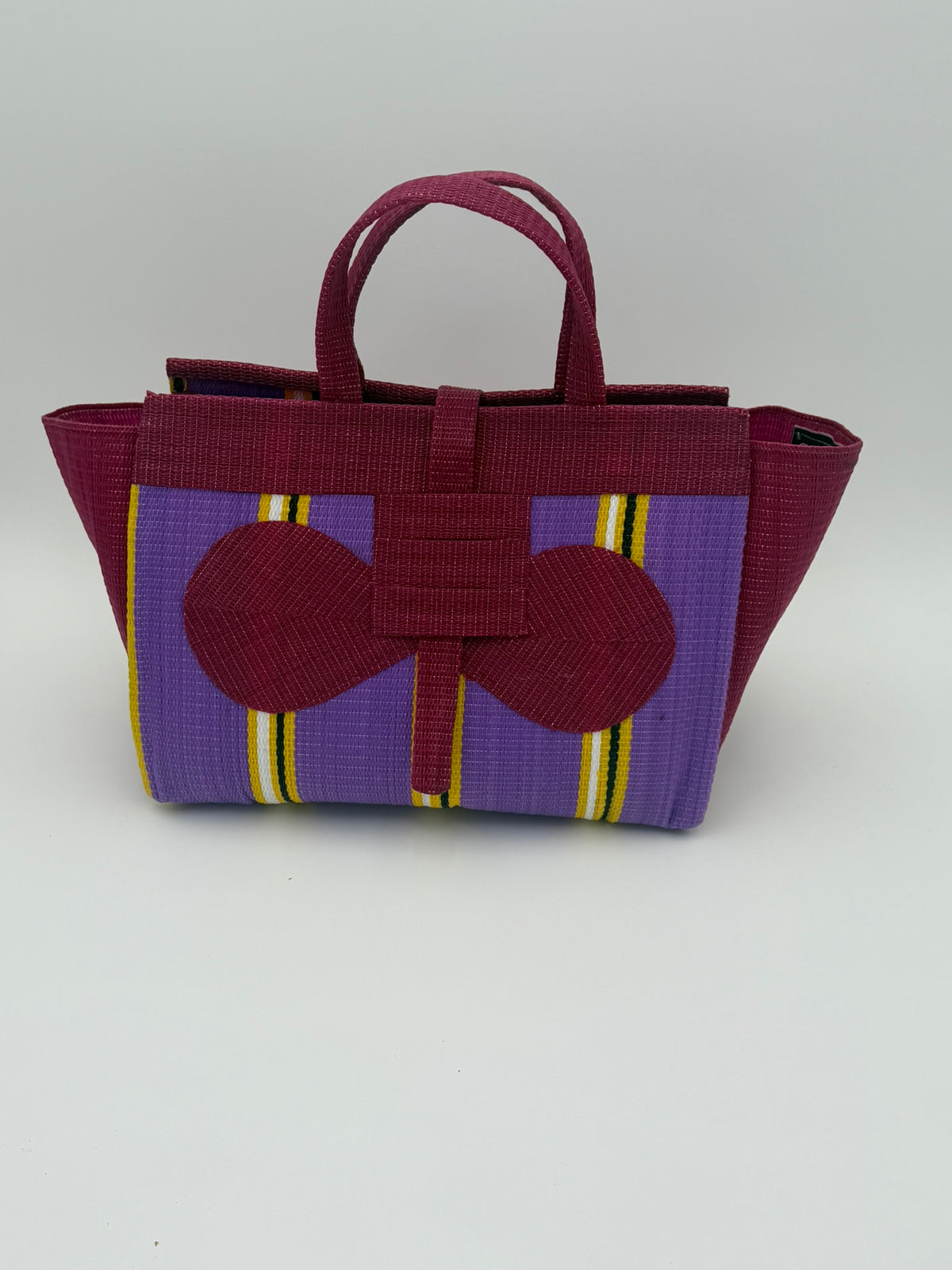 Lavender Large handwoven tote bag by SCRUBIES in Wine,Purple,Yellow with Stripes design and Bow accent pattern