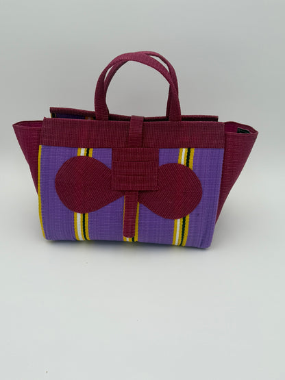 Lavender Large handwoven tote bag by SCRUBIES in Wine,Purple,Yellow with Stripes design and Bow accent pattern