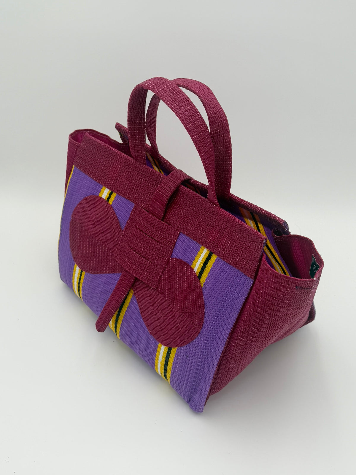 Lavender Large handwoven tote bag by SCRUBIES in Wine,Purple,Yellow with Stripes design and Bow accent pattern