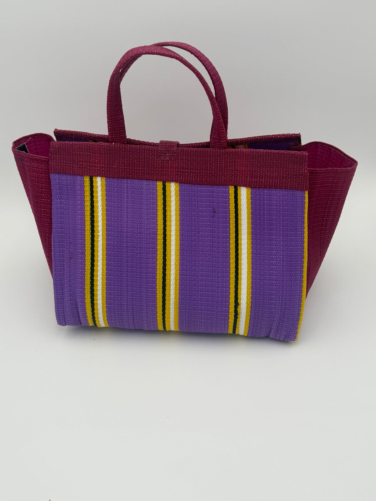 Lavender Large handwoven tote bag by SCRUBIES in Wine,Purple,Yellow with Stripes design and Bow accent pattern