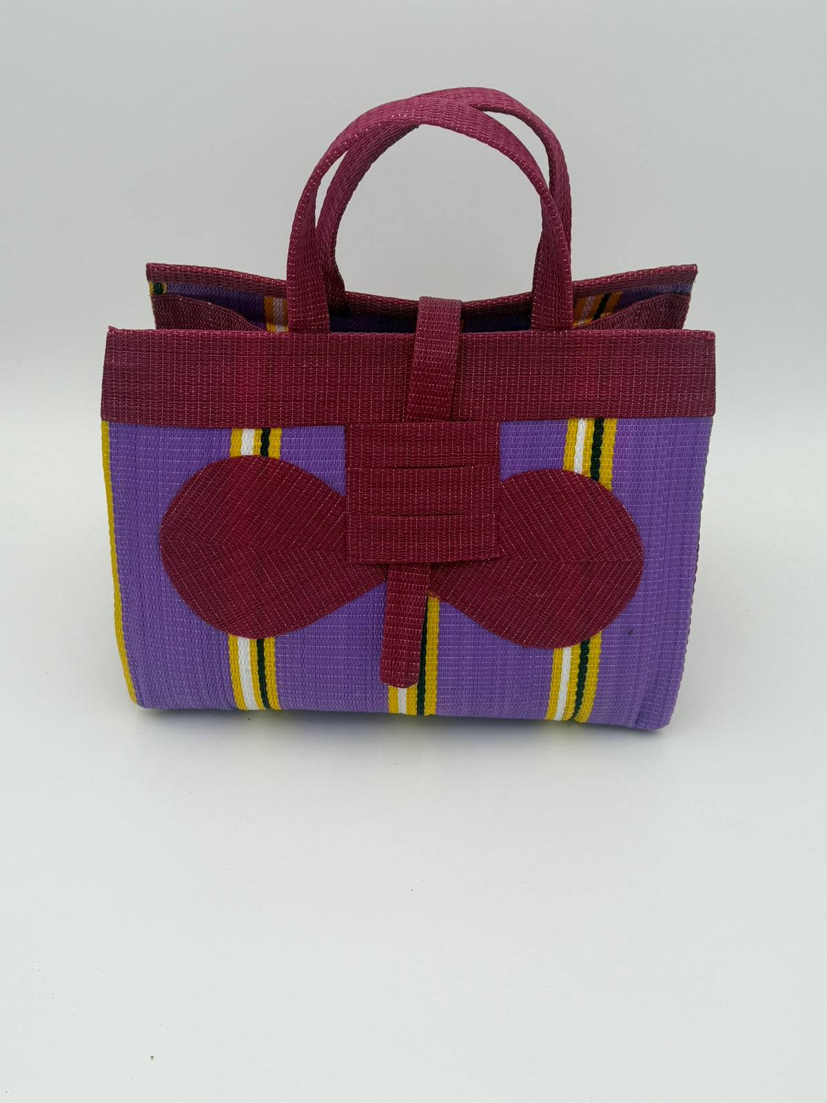 Lavender Large handwoven tote bag by SCRUBIES in Wine,Purple,Yellow with Stripes design and Bow accent pattern