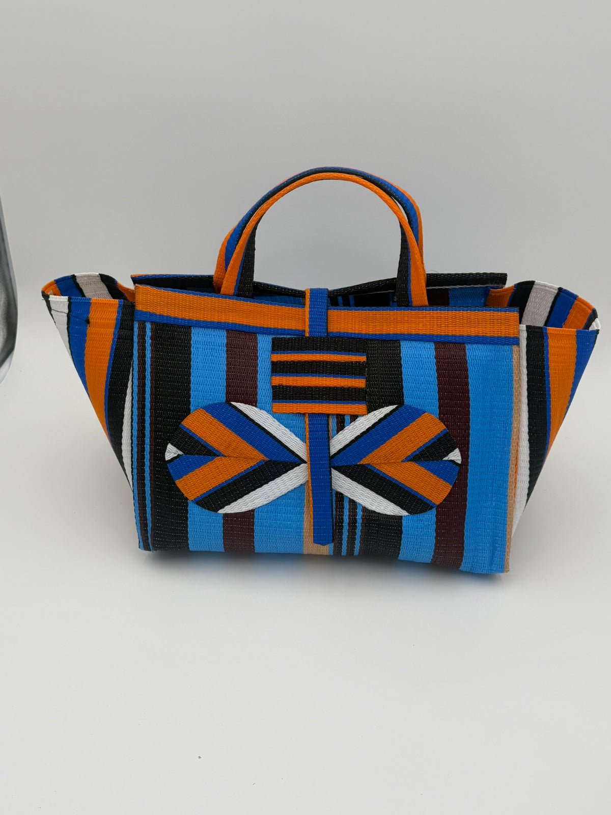 Boho Large handwoven tote bag by SCRUBIES in Orange,Blue,Wine,Black with Stripes design and Bow accent pattern