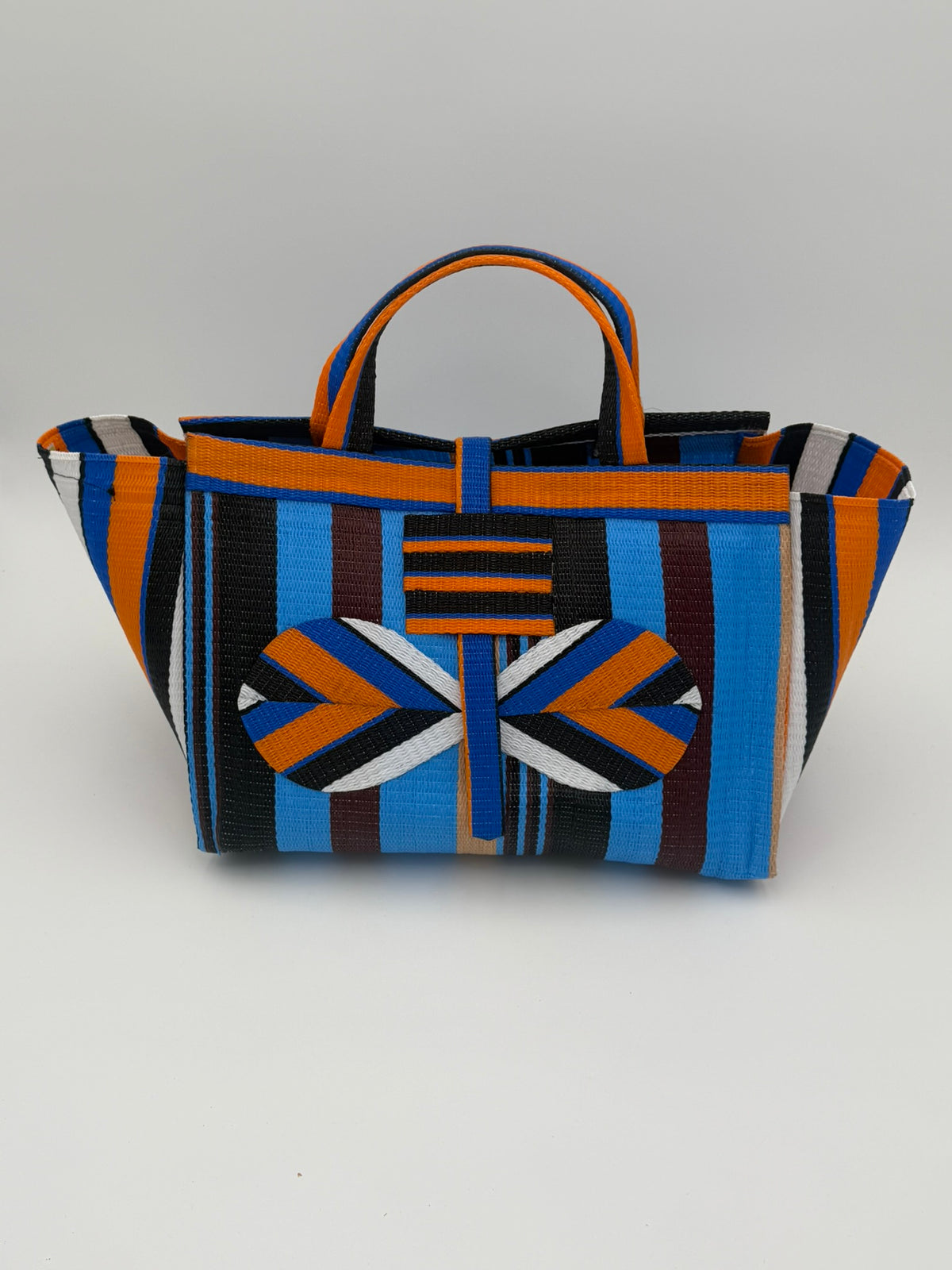 Boho Large handwoven tote bag by SCRUBIES in Orange,Blue,Wine,Black with Stripes design and Bow accent pattern