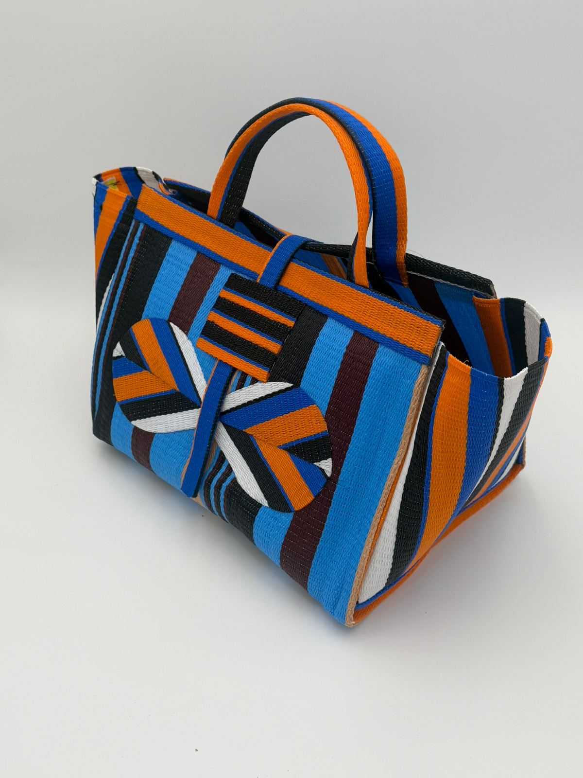 Boho Large handwoven tote bag by SCRUBIES in Orange,Blue,Wine,Black with Stripes design and Bow accent pattern